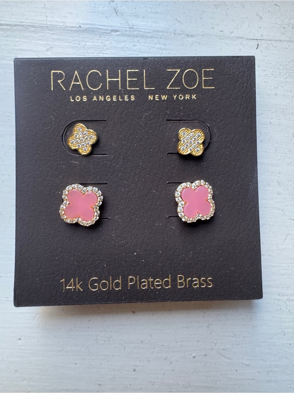 Rachel Zoe Gold and Pink Clover Stud Earring Set